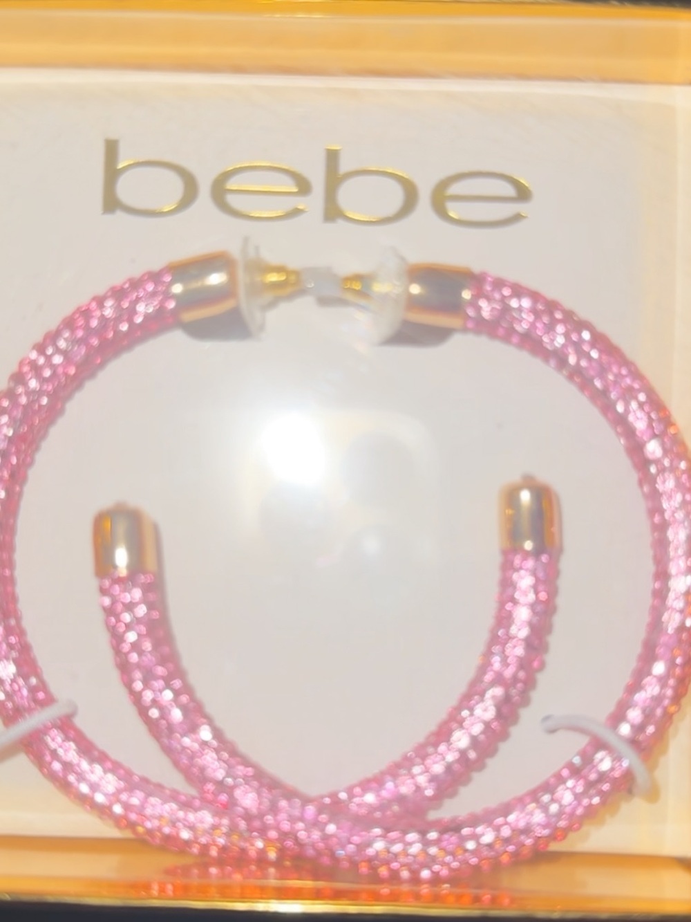 bebe Pink Crystal Mesh Hoop Earrings with Gold-Tone Caps